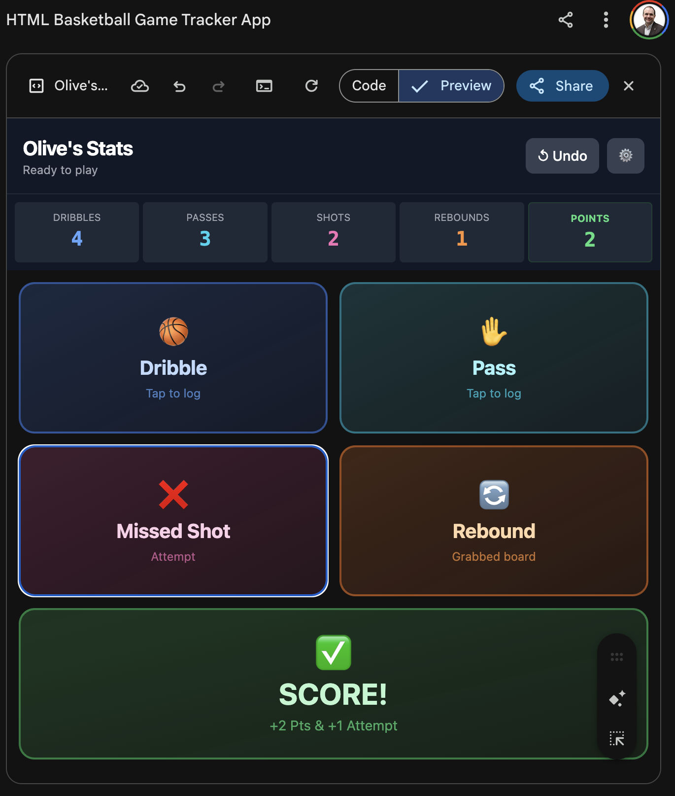 Olive basketball tracker app screenshot