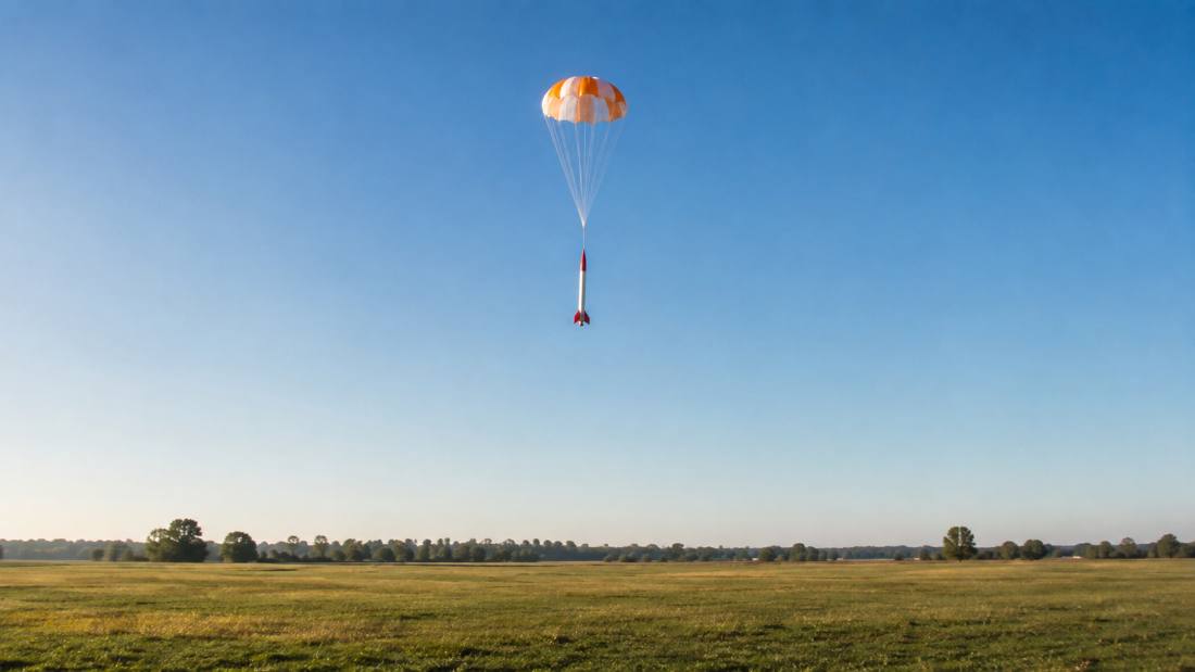 A model rocket descending under an orange and white parachute over an open field