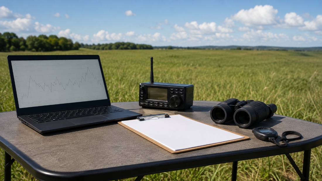 A folding table at the edge of a field holding a laptop showing a graph, a radio receiver, a clipboard, binoculars and a stopwatch