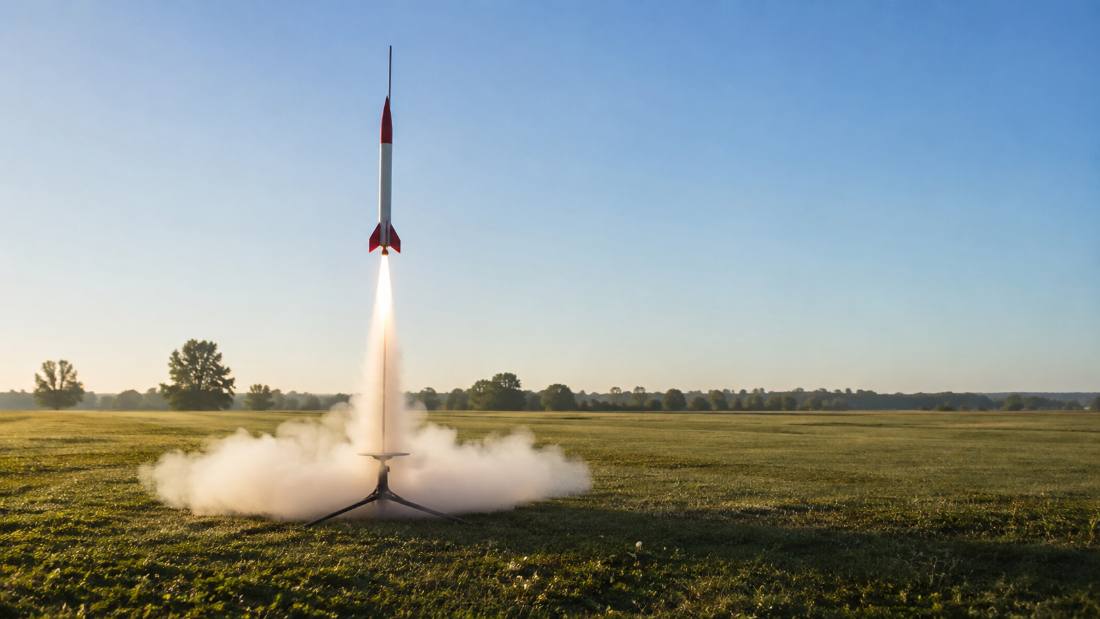 A small model rocket lifting off from a launch pad in a wide grassy field, white smoke at the base