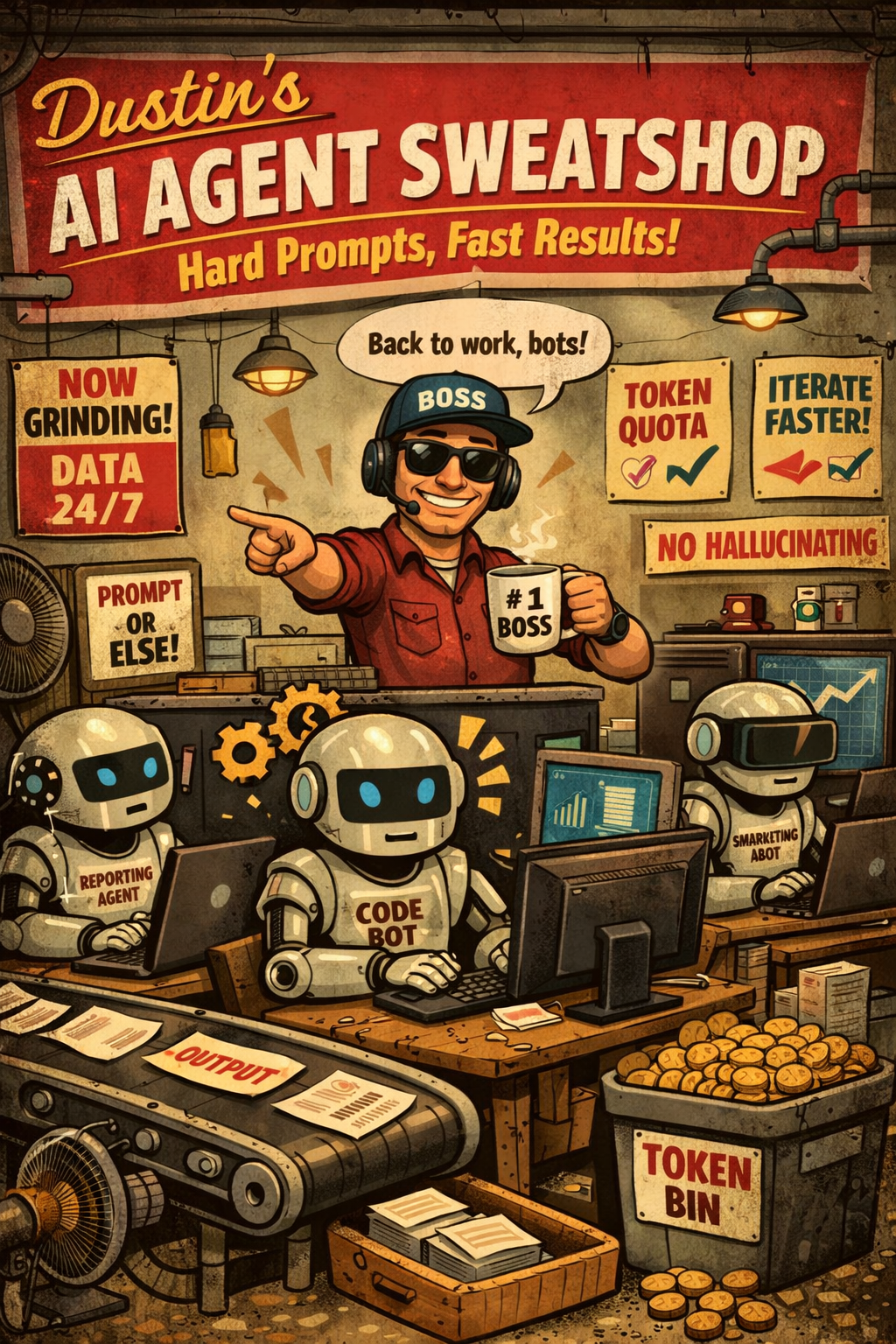 Joke image of me commanding an AI robot sweat shop